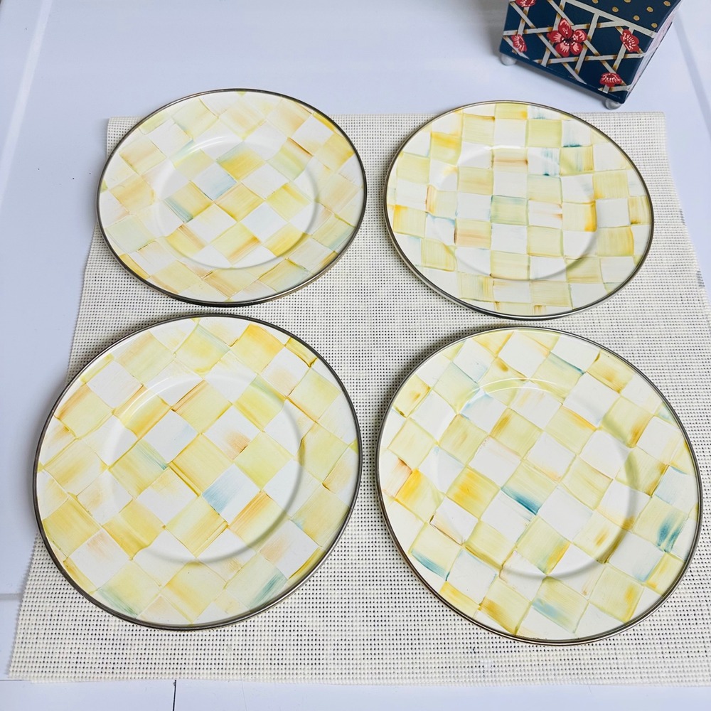 MacKenzie-Childs Parchment Check Yellow Enamel Salad Plates Vintage 4 Piece Set - Picture 4 of 8